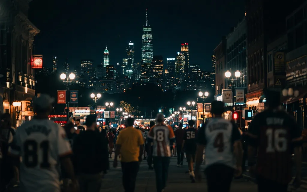赛后城市夜游氛围：球迷在夜色街区散步，霓虹灯与城市天际线，电影感